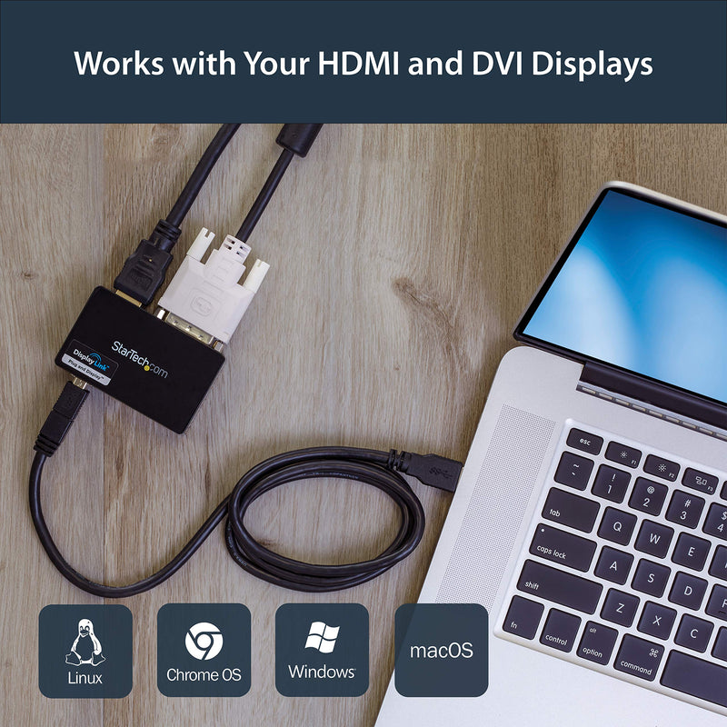 StarTech USB 3.0 to HDMI / DVI Dual Monitor Adapter Cable, 2048 x 1152, TAA | USB to HDMI and DVI-I external graphics, USB powered, DVI to VGA adapter included, Mac and Windows Dual Monitor w/ DVI Single