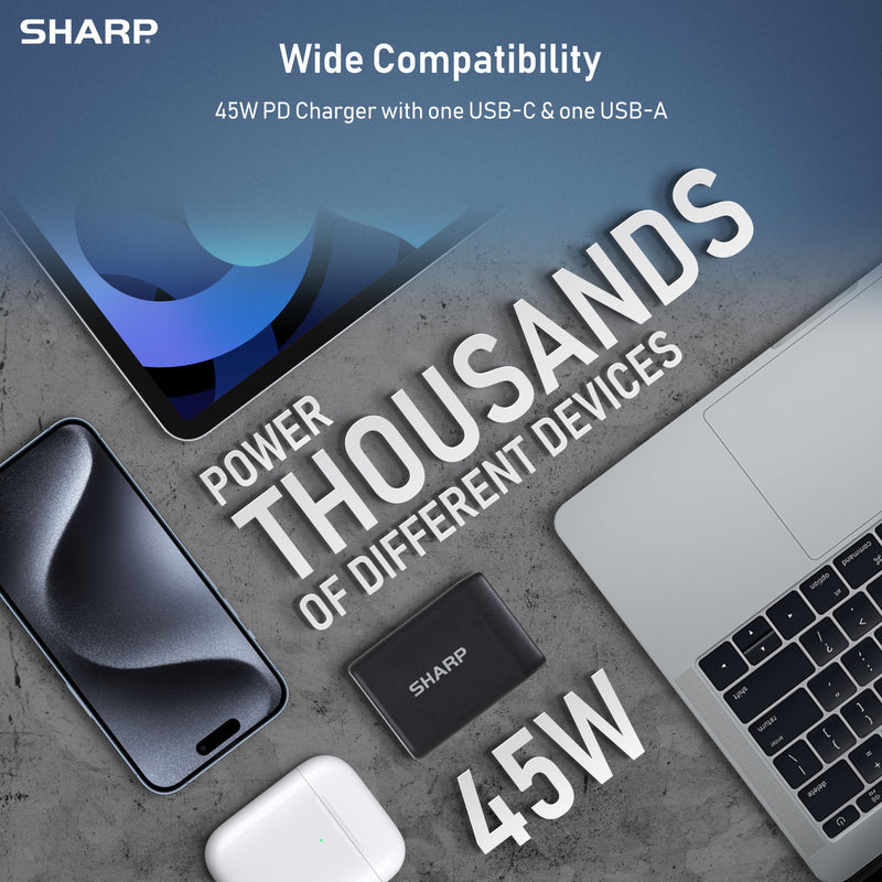 Sharp USB C Charger, 45W, 2 Port (USB A+C) Compact Foldable GaN Fast Charge for iPhone 15/15 Plus/15 Pro/15 Pro Max/14, Galaxy, Pixel 4/3, iPad/iPad Mini - Black