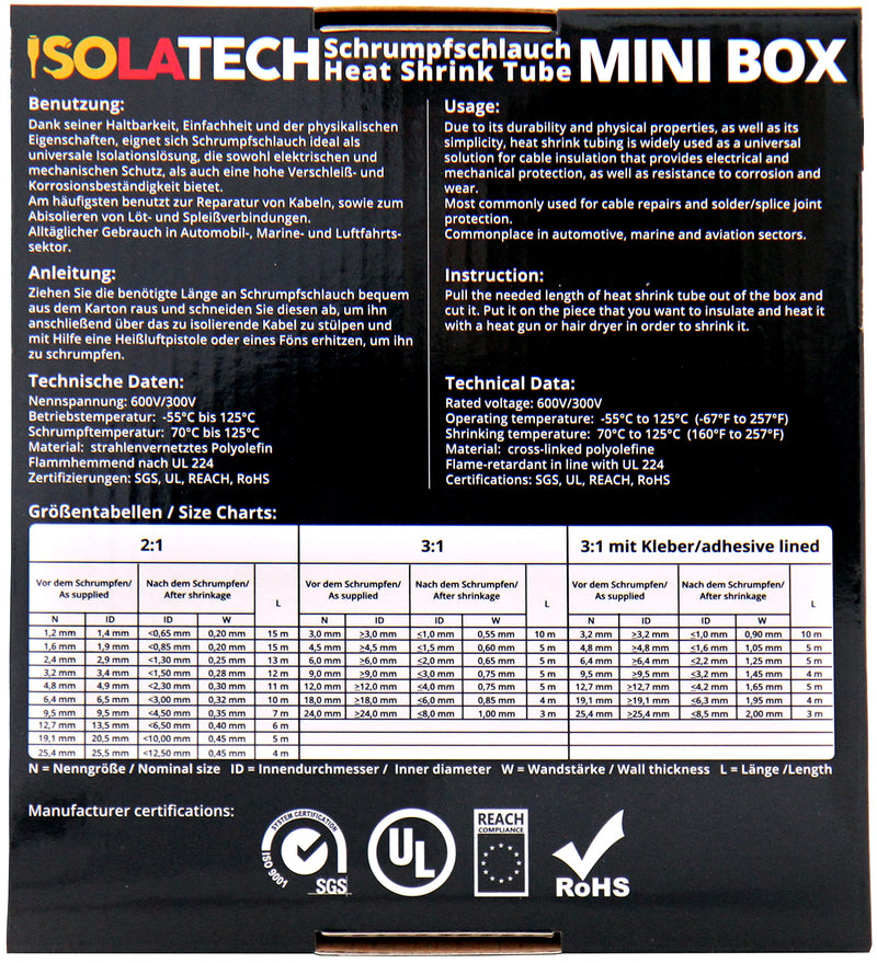 ISOLATECH Heat Shrink Tubing 3:1 Set with Adhesive Black Diameter 12.7 mm 5 m UV Resistant Sold by the Metre Unlabeled Roll in Practical Dispenser Box 12,7mmØ