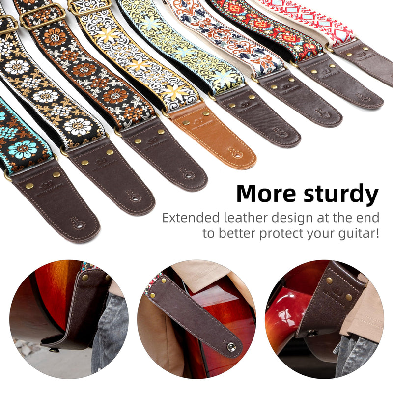 Guitar Strap, Jacquard Embroidered Cotton Guitar Straps with Double Sided Vegetable Tanned Cowhide Leather Ends for Bass, Electro Acoustic, Great Gift for Kids and Guitarists Brown Jacquard Lotus pattern jacquard in brown Adjustable 38-63 inches