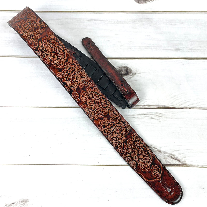 Walker And Williams GB-32 Handmade Bourbon Brown Padded Guitar Strap with Vintage Paisley Pattern For Acoustic, Electric, And Bass Guitars