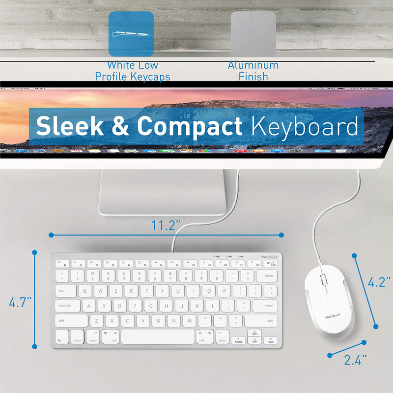 Macally USB Wired Keyboard and Mouse Combo for Mac and PC - Save Space with a Compact Small Mac Keyboard and Mouse for MacBook Pro/Air, iMac, Mac Mini/Pro - Compatible Apple Keyboard and Mouse Silver