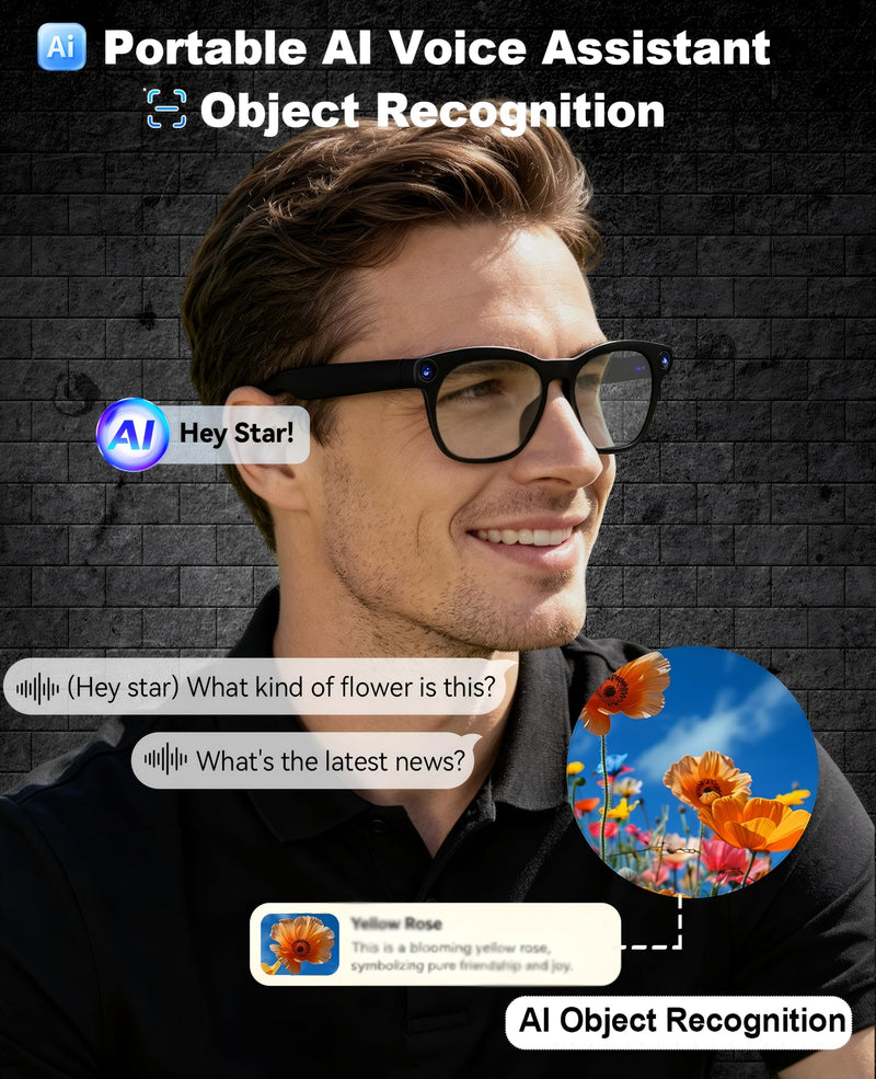 AI Smart Glasses with 8MP Camera, HD Video Recording, Real-Time Translation | Photo Capture, AI Voice Assistant, Object Recognition, Open-Ear Music, Bluetooth Calls Matte Black