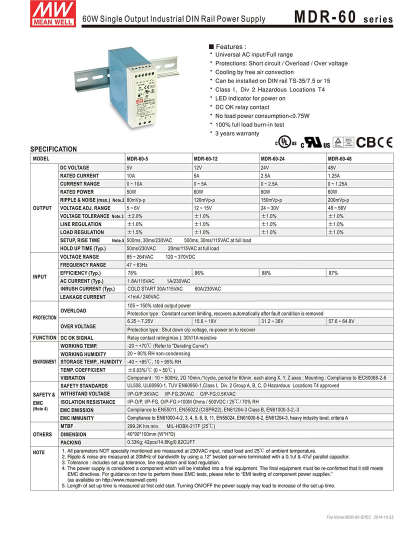 [PowerNex] Mean Well MDR-60-24 24V 2.5A 60W Single Output Industrial DIN Rail Power Supply