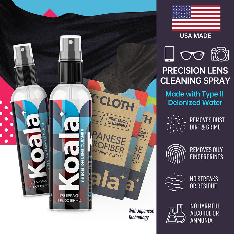 Koala Eyeglass Lens Cleaner Spray Kit | (2x) Glasses Cleaner Bottle + (2x) Microfiber Cloth | Alcohol Free Eyeglasses, Screen, and Camera Cleaning Kit | Made in USA (4 Piece Set) Black / Green 4 Fl Oz (Pack of 1)
