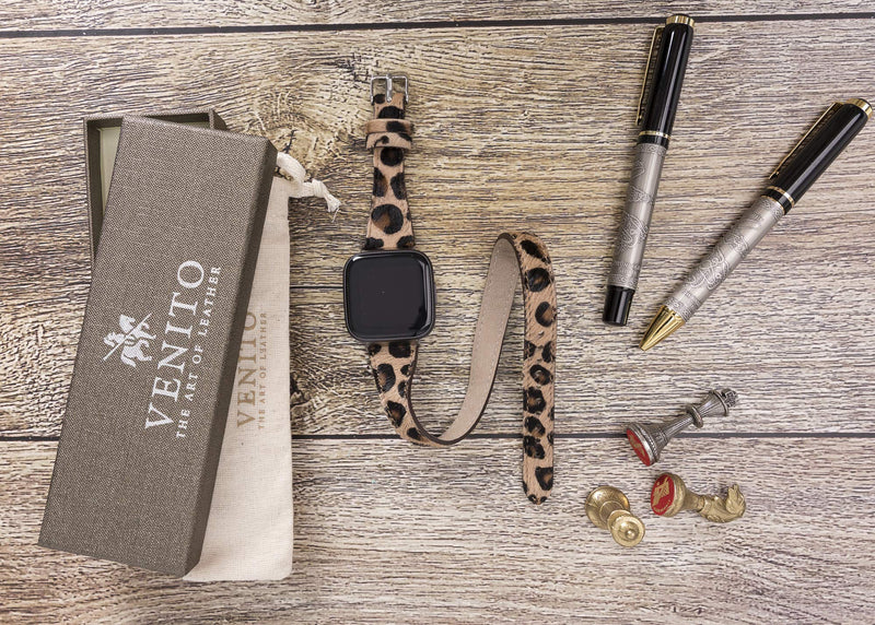 Venito Serena Leather Double-Wrap Slim Watch Band Compatible with Fitbit Versa/Versa 2 / Versa Lite Furry Leopard Silver Connector & Clasp