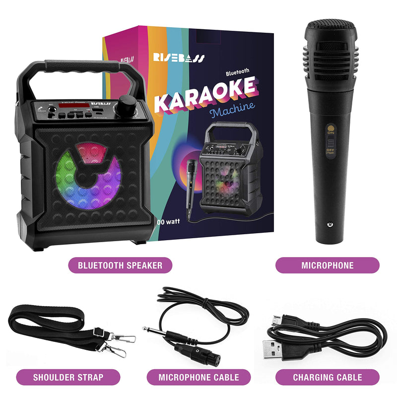 Risebass Portable Party Speaker with Microphone - Graduation Gifts - Bluetooth Outdoor Speaker with Sing Along Karaoke - Small and Loud with Bluetooth SD AUX and USB Outdoor and Indoor Black
