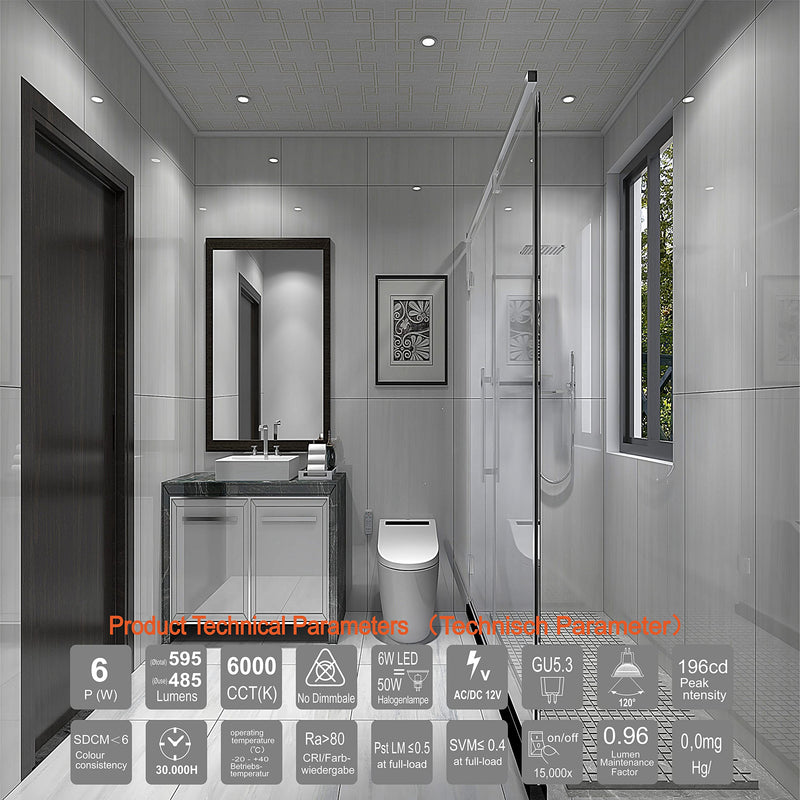 EACLL GU5.3 LED Cool White 6 W Replaces 50 W Halogen MR16 Bulb, Pack of 6, 595 Lumen 6000 K Bulb, AC/DC 12 V Flicker-Free Spotlight, Beam Angle 120 Degree Spot, Non-Dimmable Reflector Lamps 6000 K Cool White Light 6 pcs (pack of 1) 6w