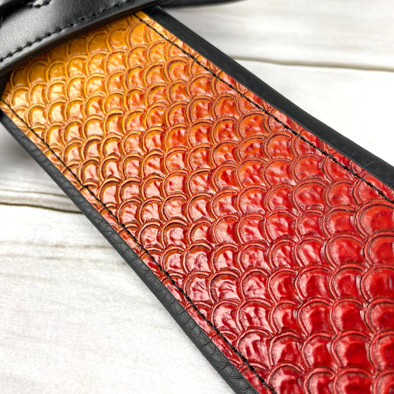 Walker And Williams KB-06 Premium Carved Fish Scale Guitar Strap In Painted Sunset Finish For Acoustic, Electric, And Bass Guitars