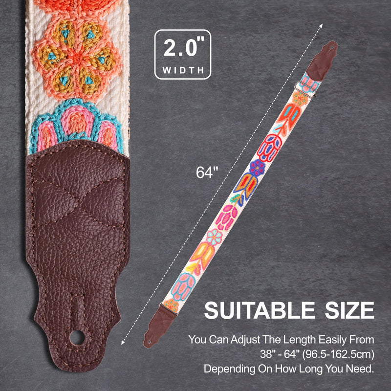 [AUSTRALIA] - Guitar Strap 2", Soft Woolen Knit, Cowhide Leather End, for Acoustic and Bass Electric Guitars, Free Button, 2 Strap Locks and 4 Guitar Picks Animated Flower-1 