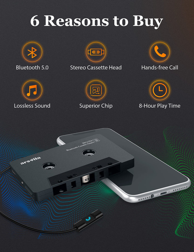 arsvita Bluetooth 5.0 Cassette to Aux Adapter for Car, Tape Audio Adapter, Hands-Free Call, Charcoal Black