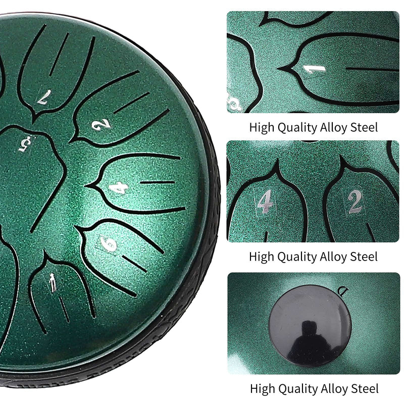 Steel Tongue Drum 11 Notes 6 inch Handpan Drum Percussion Instruments with Mallets Bag for Meditation Musical Education Concert Party Gifts - Green 6 inch 11 Notes Green
