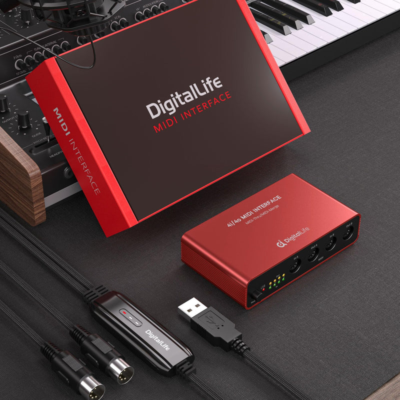 DigitalLife Stand-Alone Quad-I/O 5-PIN DIN MIDI Interface - MIDI Thru Box (4-In/4-Out) & MIDI Merge Box (2-In/4-Out), w/LED Indicators, Metal UMB05
