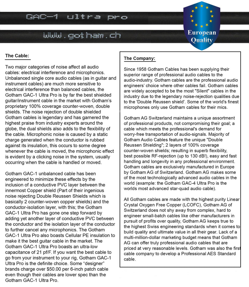 12 Foot - Gotham GAC-1 Ultra Pro - Premium, Low-Capacitance Guitar Bass Instrument Cable - with Straight to Angled 1/4 Inch Eminence Gold Plated Connectors