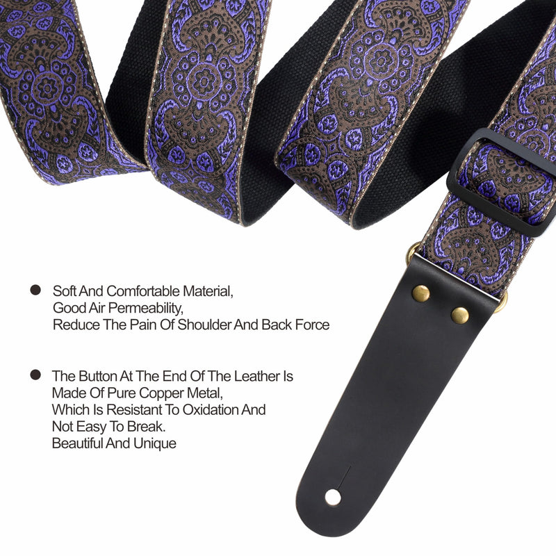 Nefelibata Guitar Strap, Vintage Embroidered Cotton Guitar Straps with Head Cowhide Leather Ends for Bass, Electric & Acoustic Guitars, with Free Strap Button, 1 Pair Strap Locks and 4 Guitar Picks Purple