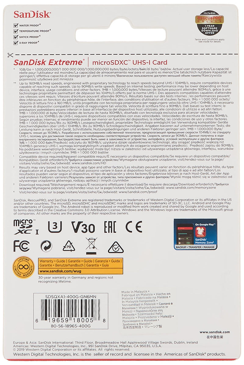 SanDisk 400GB Extreme MicroSDXC UHS-I Memory Card - C10, U3, V30, 4K, A2, Micro SD - SDSQXA1-400G-GN6MN