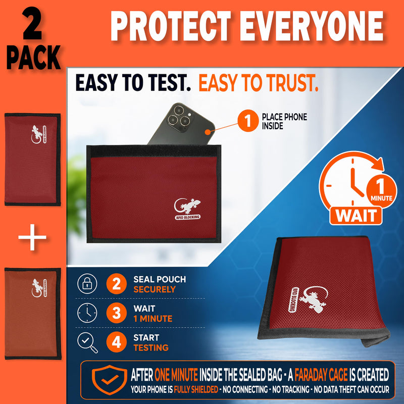 Faraday Bag Anti-Tracking GPS RFID Car Key Signal Blocker Wallet Shielding Pouch Protective Case for Cell Phone Car Key FOB, Data Privacy, Electronic Device Security (2 PACK - RED AND ORANGE) 2 PACK - RED AND ORANGE