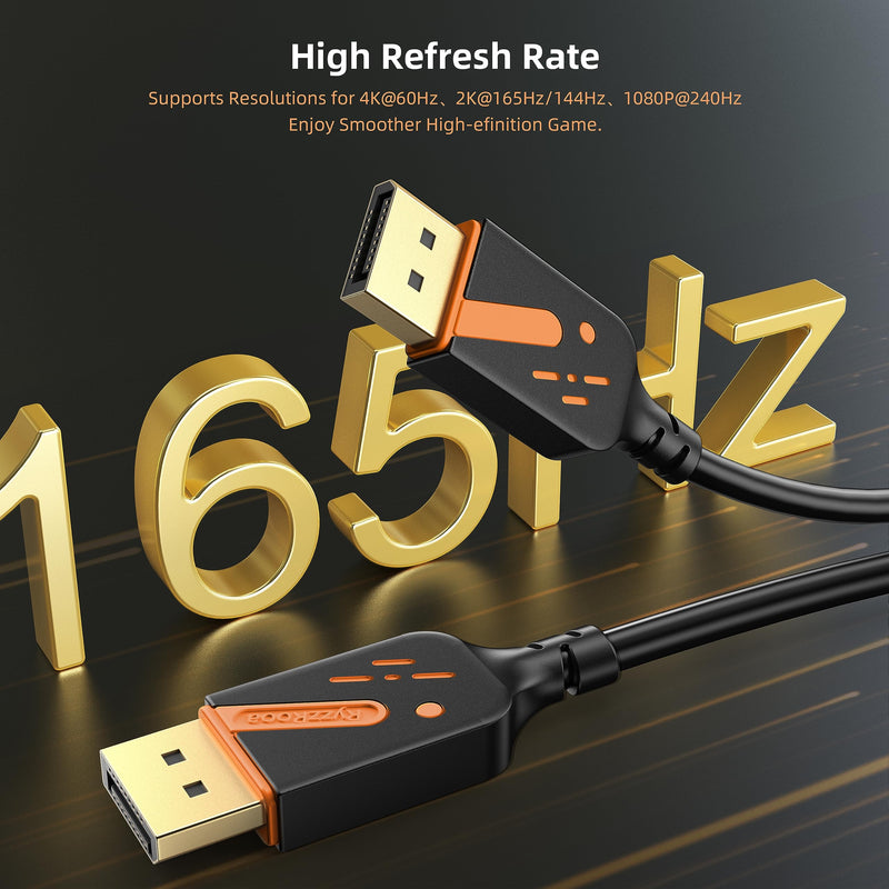 DisplayPort 1.2 Cable, 3FT, 10-Pack, 4K@60Hz, 2K@165Hz | Orange-Accent Design, Gold-plated, 21.6Gbps, 3D & HDR, FreeSync/G-Sync, For Gaming Monitor, PC, TV, Graphics Card, Laptop