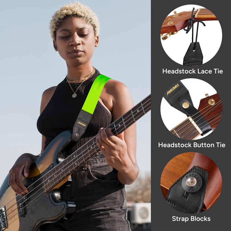 Amumu DURALINK Nylon Seatbelt Guitar Strap with Top Grain Leather Ends for Acoustic, Electric, Bass Guitar, with Quick-Fetch Pick Holder -Neo Green Neo Green