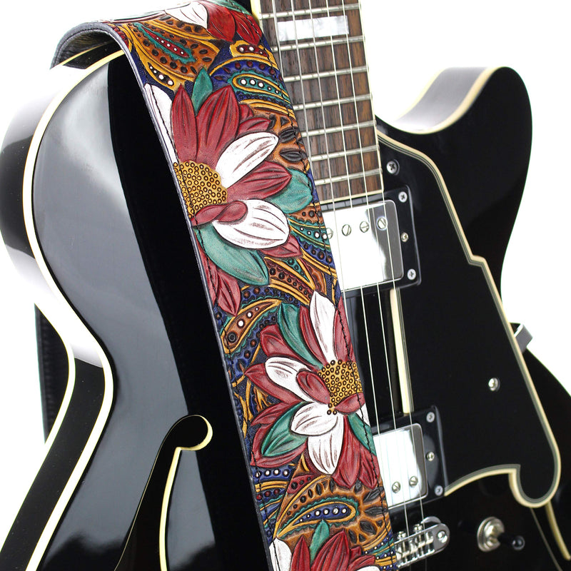 Walker And Williams LHR-20 Handmade Premium Carved Leather Guitar Strap With Carousel Red Paisley Floral Carving And Dark Brown End Caps For Acoustic, Electric, And Bass Guitars