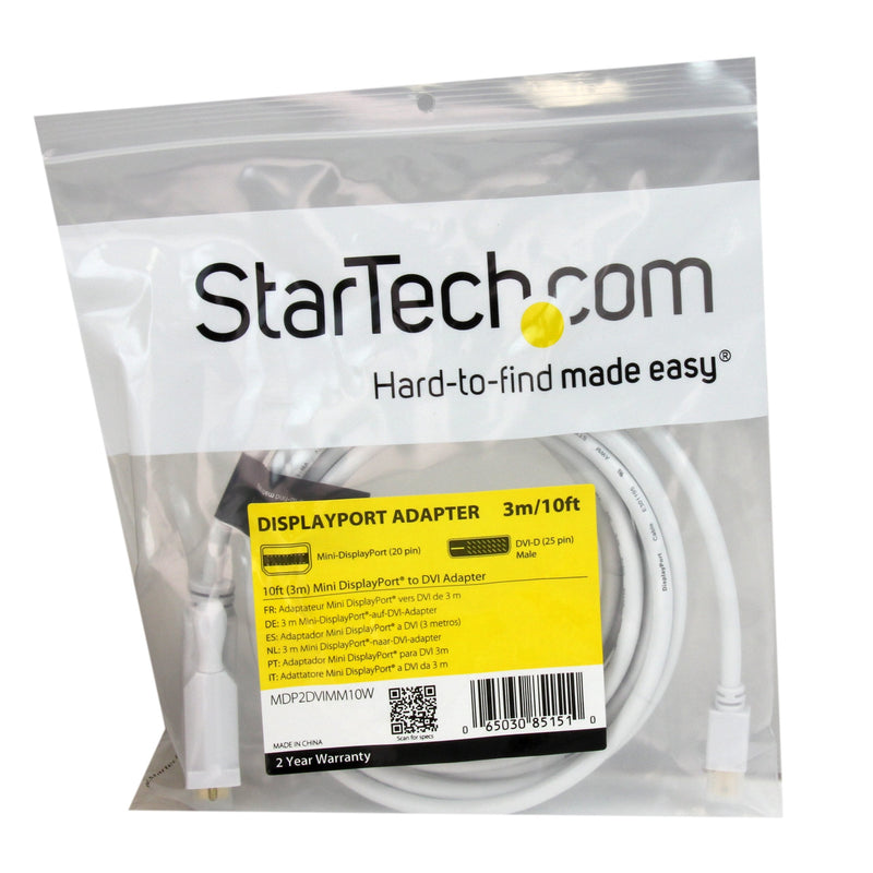 [AUSTRALIA] - StarTech.com 10ft Mini DisplayPort to DVI Adapter Cable - Mini DP to DVI Video Converter - MDP to DVI Cable for Mac/PC 1920x1200 - White (MDP2DVIMM10W) 10 ft / 3m 
