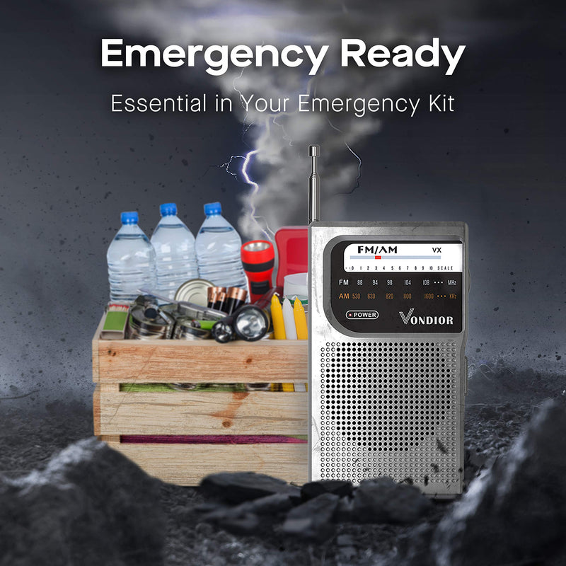AM FM Battery Operated Portable Pocket Radio - Best Reception and Longest Lasting. AM FM Compact Transistor Radios Player Operated by 2 AA Battery, Mono Headphone Socket, by Vondior (Silver) Silver