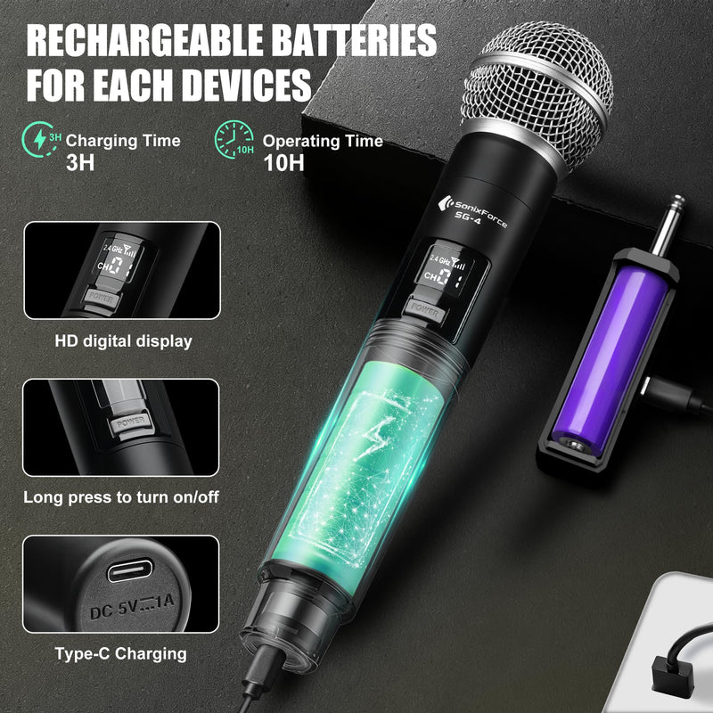 [AUSTRALIA] - Wireless Microphones - Dual Rechargeable Handheld Mics with Receiver - 240ft Range - Karaoke Microphone for Singing, Speaking, Meeting and Events Silver 