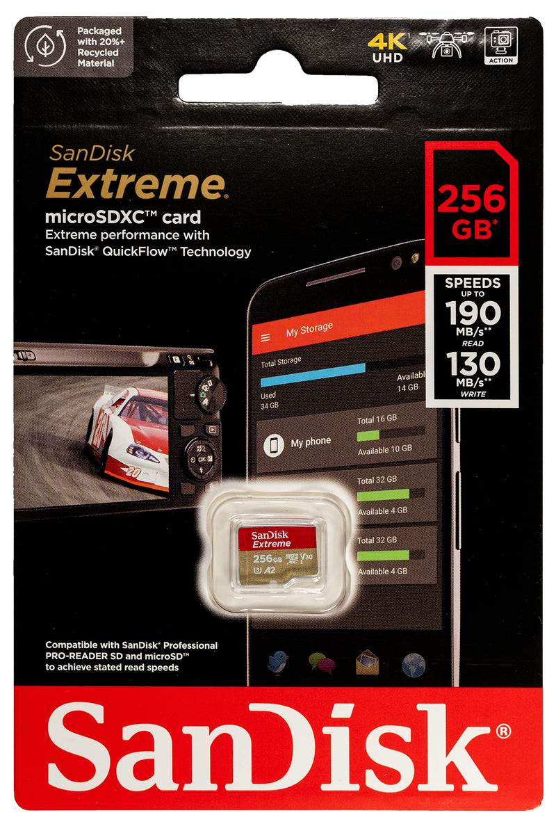 SanDisk MicroSD Extreme UHS-I Class 10 256GB Memory Card SDSQXAV-256G-GN6MN | Works with DJI Osmo Action 6, Pocket 3, Pocket 2, Osmo Nano Bundle with 1 Everything But Stromboli MicroSD & SD Card Reader