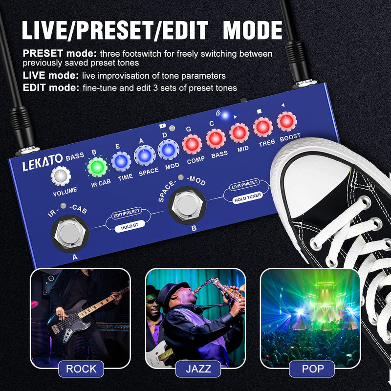 LEKATO Bass Multi Effects Pedal, Guiter Peda with IR Loading 9 AMP Models, Delay Reverb Chorus, Multi Effects Processor for Bass, Bluetooth 5.0,Recording, Built-in Battery For Bass Guitar