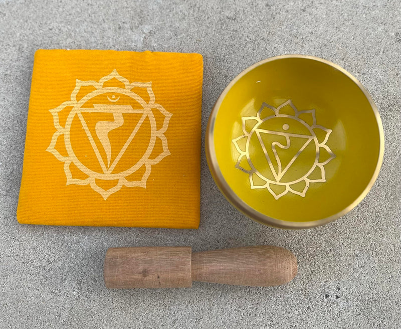 [AUSTRALIA] - DharmaObjects Tibetan Solar Plexus Chakra Premium Palm Size Singing Bowl Gift Box Set Yellow 