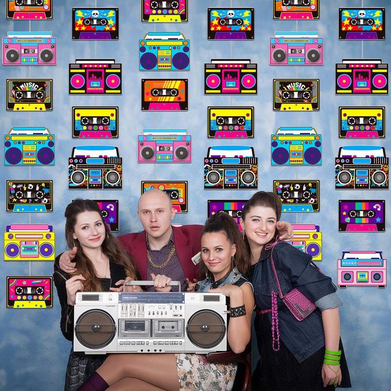 Cassette Tape and Boom Box Garlands 6PCS 80s Party Decorations Retro Radio Cassette Tape Paper Garland Banners 1980s Hanging Decor for 70s 90s Hip Hop Theme Birthday Party Supplies