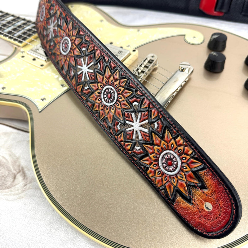 Walker & Williams LIH-3 Cherry Burst Red Hand Carved Premium Leather Guitar Strap With Black Zodiac Star Design And Premium Padded Leather Back For Acoustic, Electric, And Bass Guitars