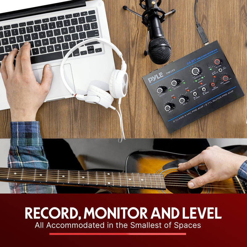 Pyle Professional USB Audio Interface with MIC, Guitar, AUX Stereo Inputs, Phone/Monitor Outputs, Ideal for Computer Playing & Recording, Compact Rugged Metal Housing - PMUX6 Interface Basic