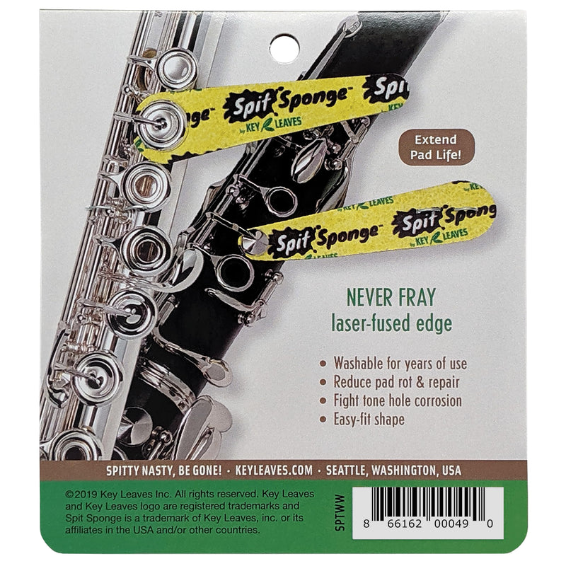 Spit Sponge (2 piece) Pad Dryer Cleaner for Clarinet, Flute, Oboe, Bassoon, by Key Leaves