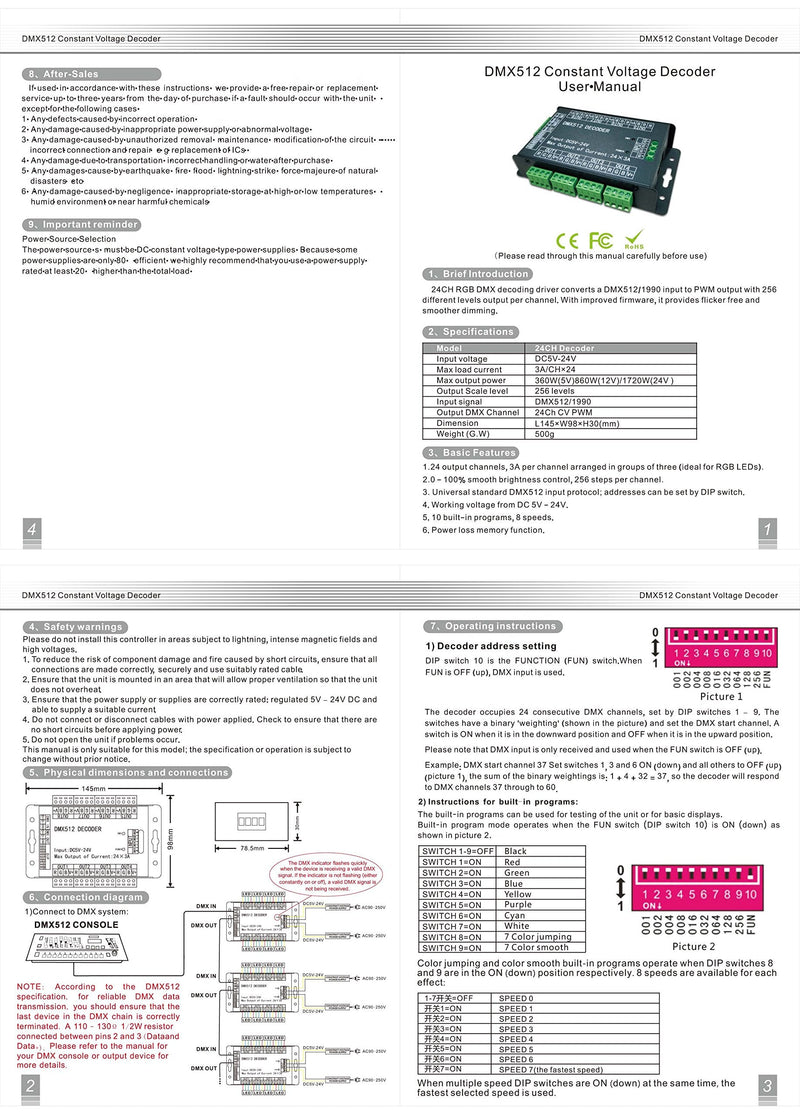 High Power 24 Channel RGB 3A/CH DMX512 Controller Led Decoder Dimmer 500Hz Flicker Free Smoother Dimming DMX Signal Indicator Flashes Function DC 5V-24V