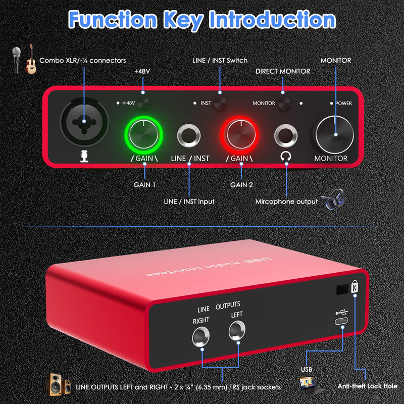 24Bit/192kHz USB Audio Interface with 48V Phantom Power - Studio Quality Recording for Musicians, Vocalists & Podcasters | Plug & Play | Works with Mac/PC & DAWs | Perfect for Home Studio & Streaming OT-AR001B-UG