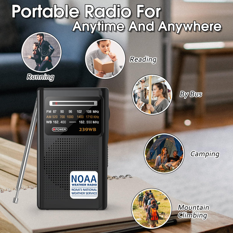 [AUSTRALIA] - Greadio NOAA Weather Radio, Stereo Earphone Jack,AM/FM Battery Operated Transistor Portable Radio with Best Reception,Powered by 2 AA Battery for Emergency,Hurricane,Running, Walking,Home(Black) Black 