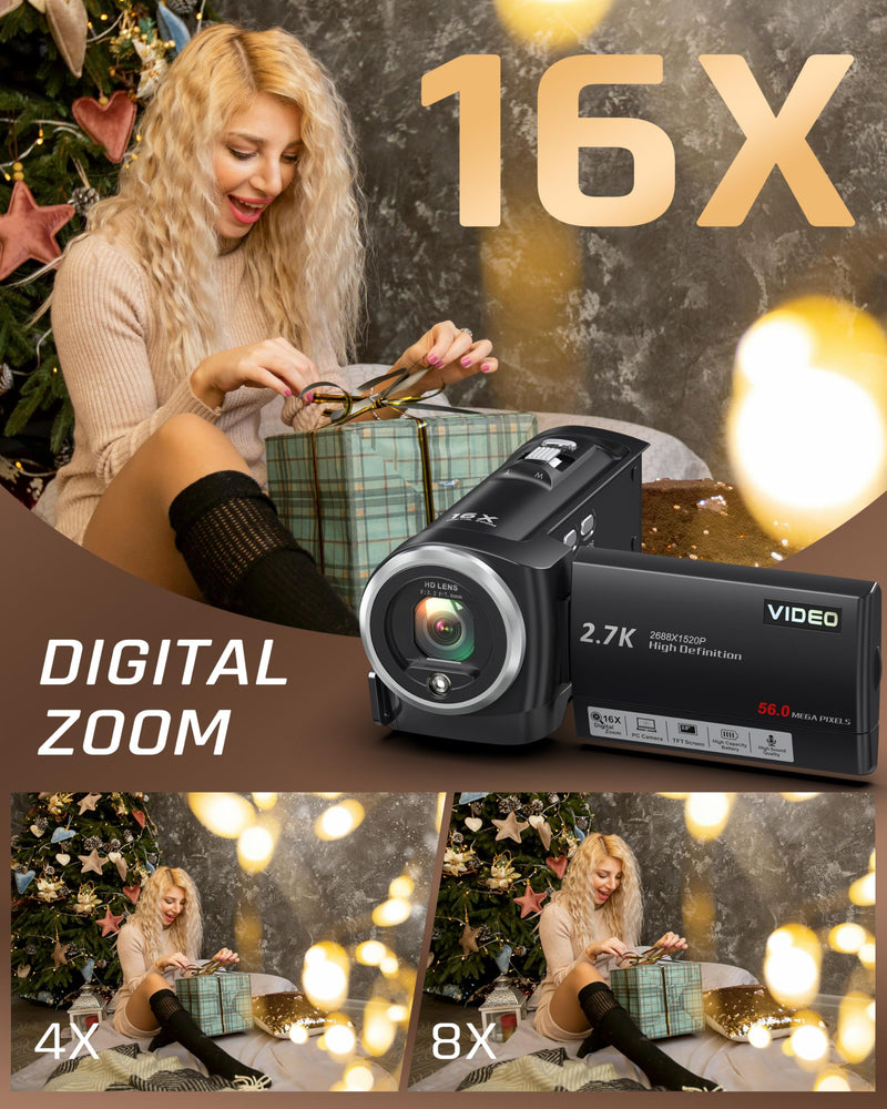 Video Camera Camcorder, QHD 2.7K 56MP 16X Digital Zoom Vlogging Camera | 2.8" 270° Rotatable Screen Camcorder, Built-in LED Fill Light Camcorder for YouTube with 32GB Card and Two Batteries Charcoal