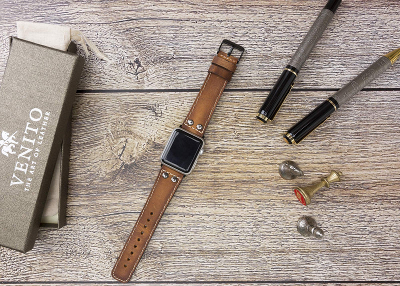 Venito Como Leather Watch Band Compatible with the Apple Watch Series 1,2,3,4,5,6,7,SE - 45mm/44mm/42mm/41mm/40mm/38mm w/Stainless Steel Hardware (Antique Brown w/Black Connector&Clasp, 38-40mm)