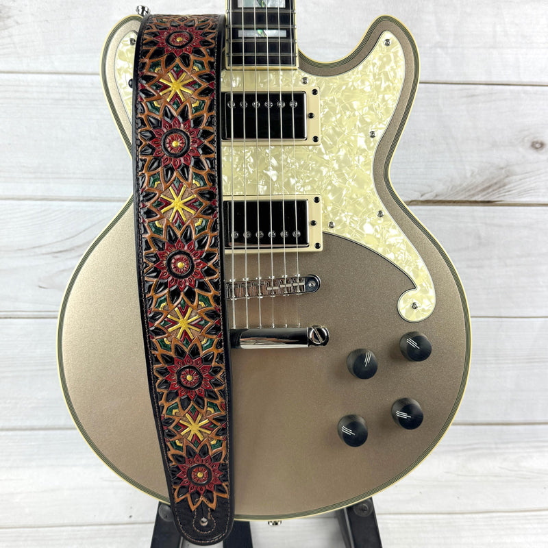 Walker & Williams LIH-2 Black And Brown Hand Carved Premium Leather Guitar Strap With Gold Earth Zodiac Star Design And Premium Padded Back For Acoustic, Electric, And Bass Guitars