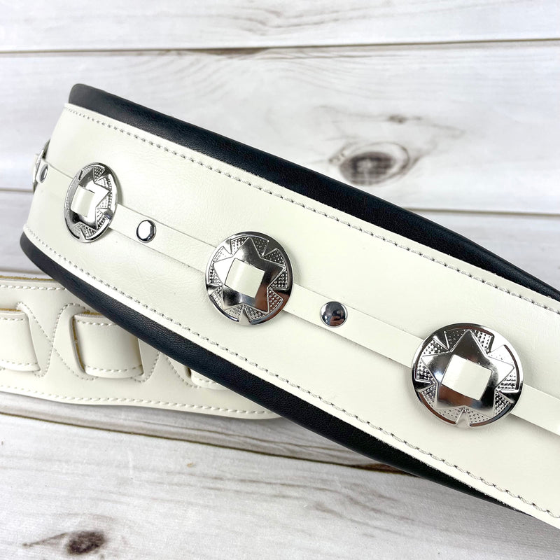 Walker & Williams C-44-WHT Aged White Premium Grain Leather Padded Guitar Strap 3" Wide With Nickel Conchos For Acoustic, Electric, And Bass Guitars
