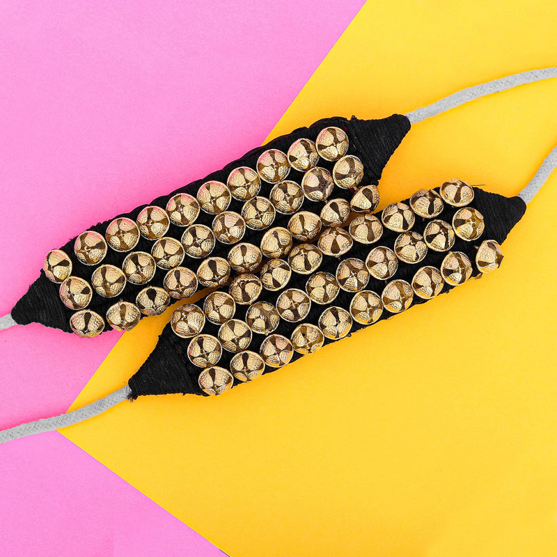 Dancing Bells Anklet Ghungroo with Colored Cushion Pad 3 Line with (30+30) Bells Best For Indian Classical Dance, Indian Style Brass Ankle Bells (BLACK) BLACK