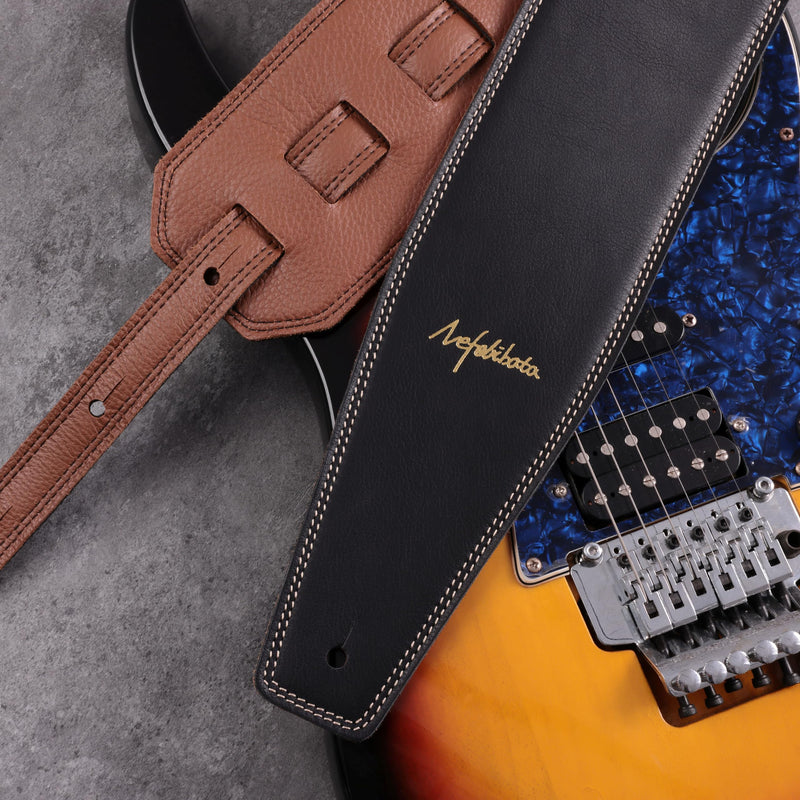 Nefelibata Guitar Strap Black, Soft Full Grain Leather, 3.8" Wide, Adjustable Length 49" to 57" with Foam Padding for Bass, Electric, and Acoustic Guitars
