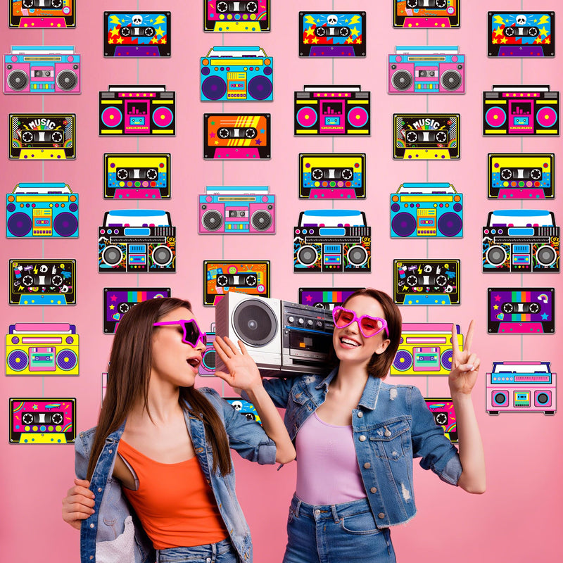 Cassette Tape and Boom Box Garlands 6PCS 80s Party Decorations Retro Radio Cassette Tape Paper Garland Banners 1980s Hanging Decor for 70s 90s Hip Hop Theme Birthday Party Supplies