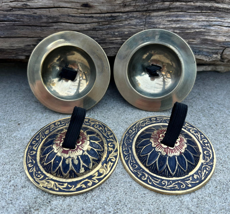 Belly Dancing Floral Lotus Pro Finger Zills Cymbals Hand Crafted Solid Brass Blue