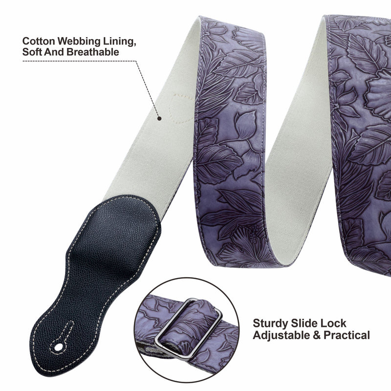 Nefelibata Guitar Strap with Pick Pocket,2.3 inch Porter Style Vegan Leather Carving Guitar Straps,60s Vintage Style (Purple) A# - Purple