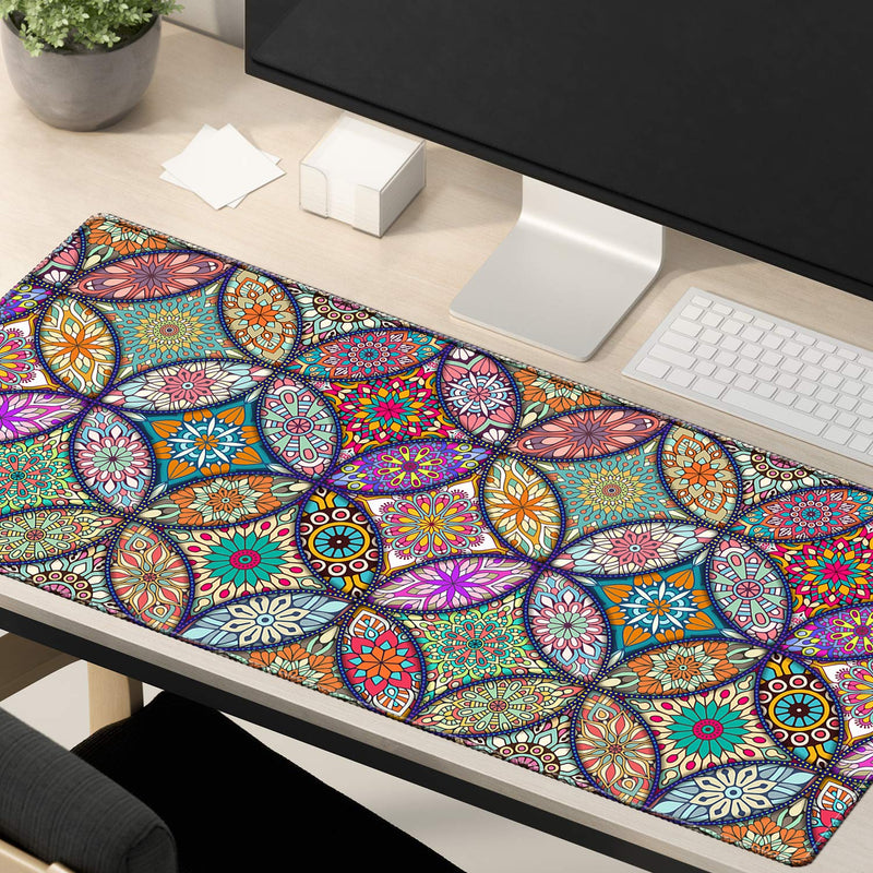 EkuaBot Mandala Large Gaming Mouse Pad (35.4×15.7 in, 3mm Thick), Non-Slip Rubber Base and Reinforced Lock Edges, XXL Extended Mousepad for Work, Game, Desk mat, Desktop Decoration