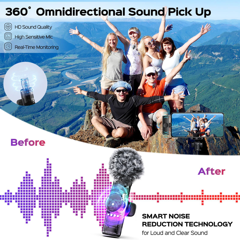 2 Packs Wireless Lavalier Microphone for iPhone 15/iPad/Android/Phone/PC/Laptop, Plug-Play Mini Mic with Noise Reduction, Lapel USB C Microphone for Video Recording, Interview, Vlogging 2-Pack