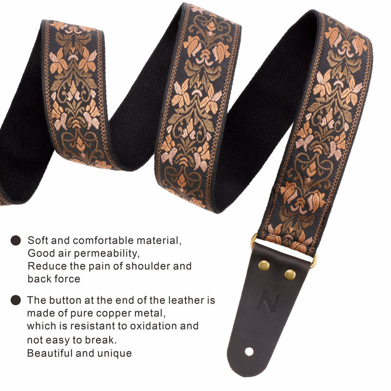 Nefelibata Guitar Strap, 2" Jacquard Embroidery Guitar Straps, Full Grain Leather Ends with Hidden Pocket, for Bass, Electric and Acoustic Guitars, Strap Button, Strap Locks and Guitar Picks Retro Gold Flowers