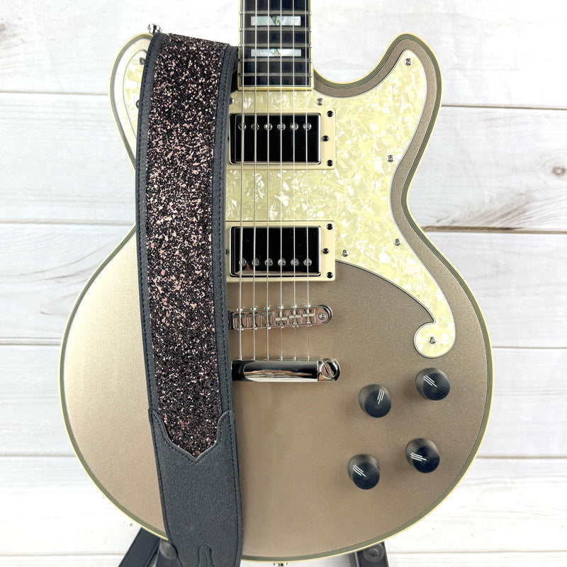 Walker & Williams WW-GL-109 Cary Black Copper Super Sparkle Glitter Bomb Padded Guitar Strap Glove Leather Back For Acoustic, Electric, And Bass Guitars